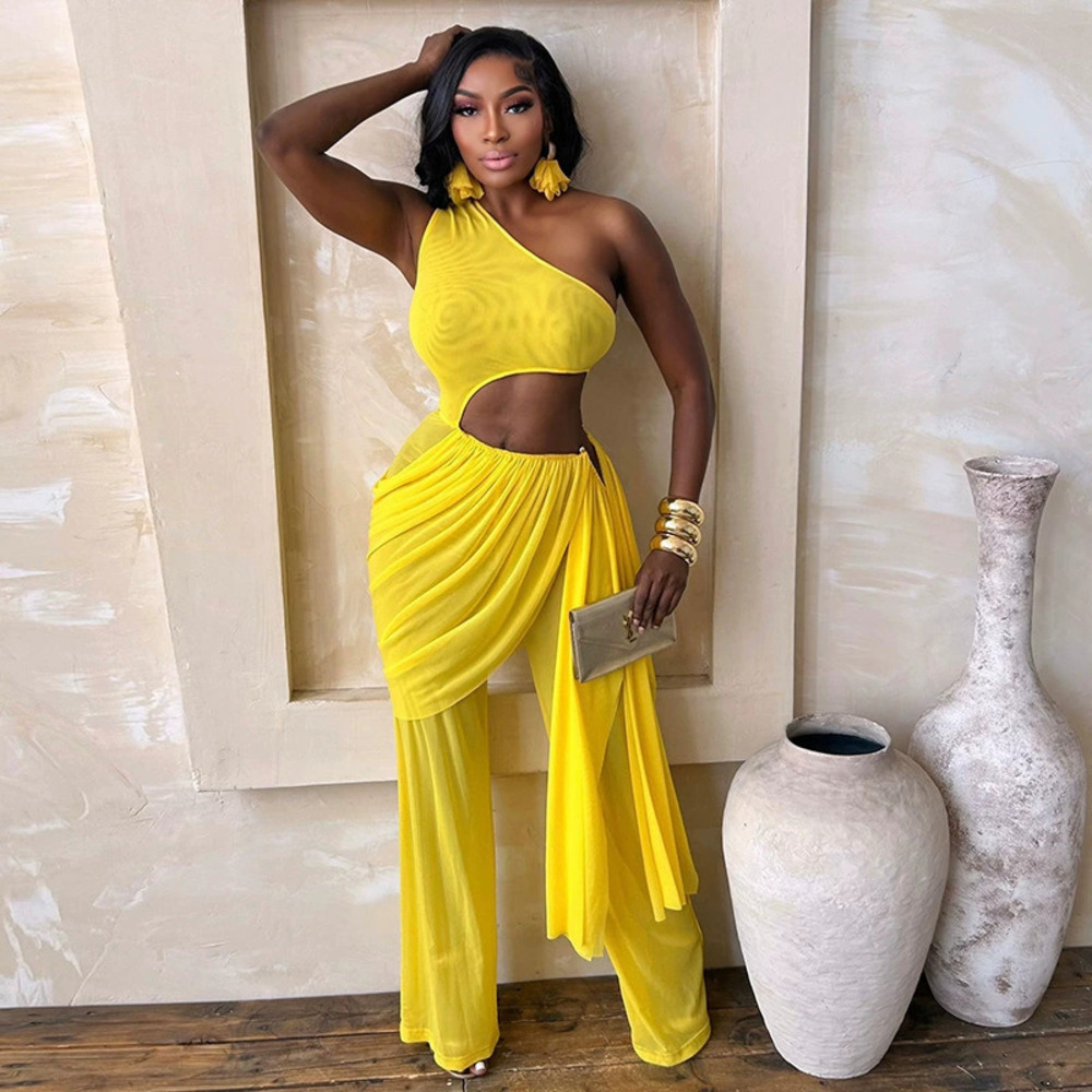 Zara Summer Mesh One Shoulder Cutout Waist Tie Slim Jumpsuit